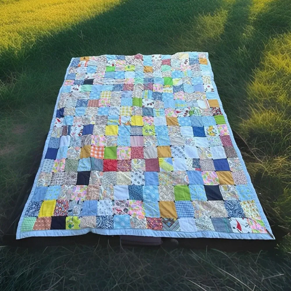 Vintage Handmade Patchwork Tied Quilt Blanket Multicolor 84x70 Throw Floral Blue